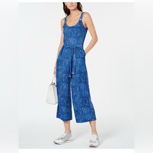 Michael Kors Blue Floral Jumpsuit with Wide-Leg Cropped Pants Large